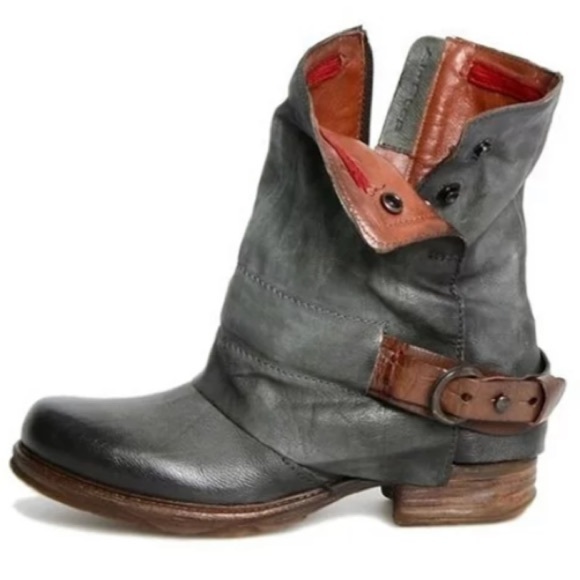 Gray Vegan Leather Moto Boots Styled w/Strap & Buckle by Lala Ikai - Picture 8 of 14